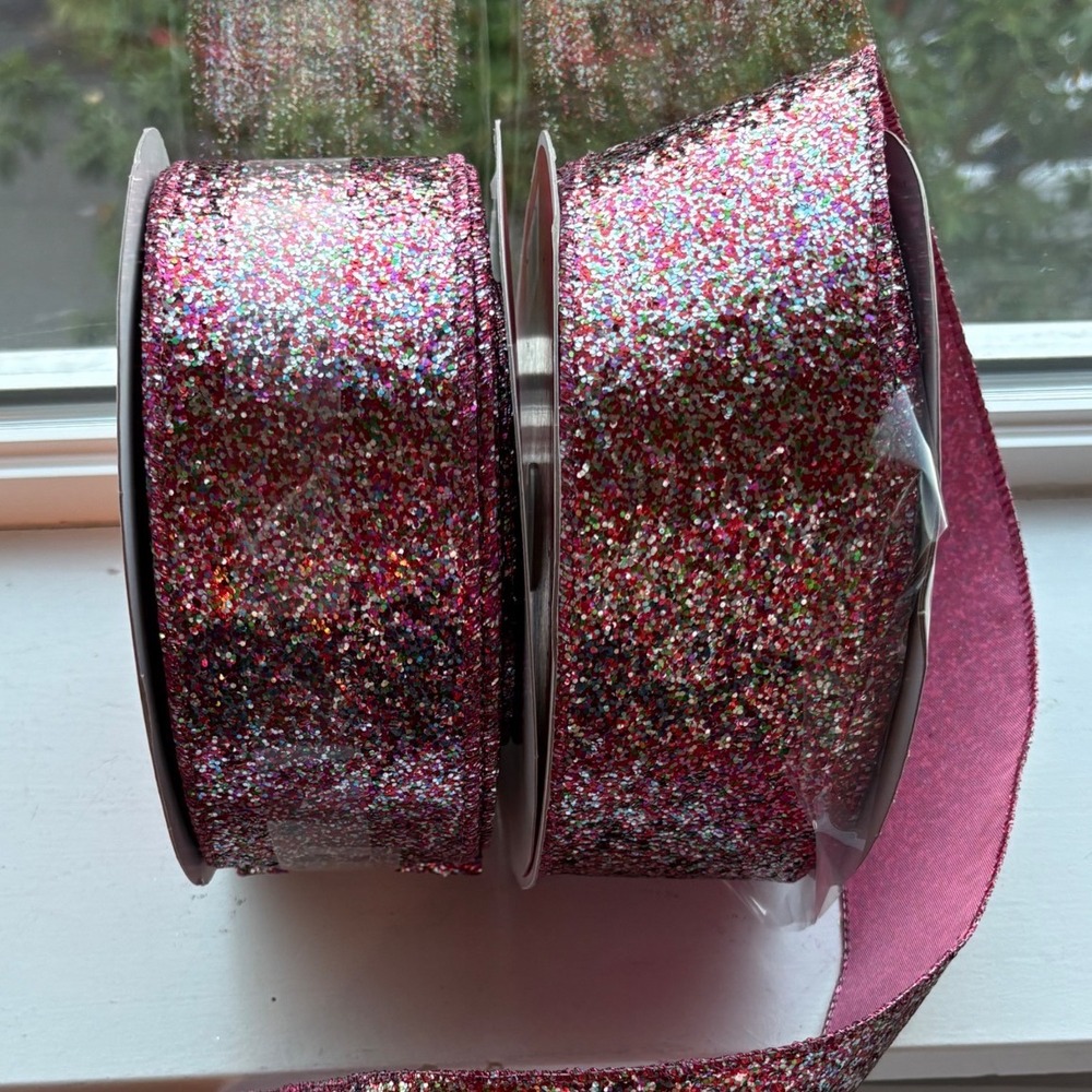 Wired Jumbo Ribbon Multi-Color Glitter Pink 2.5in x 80ft Holiday Decor 2 Rolls